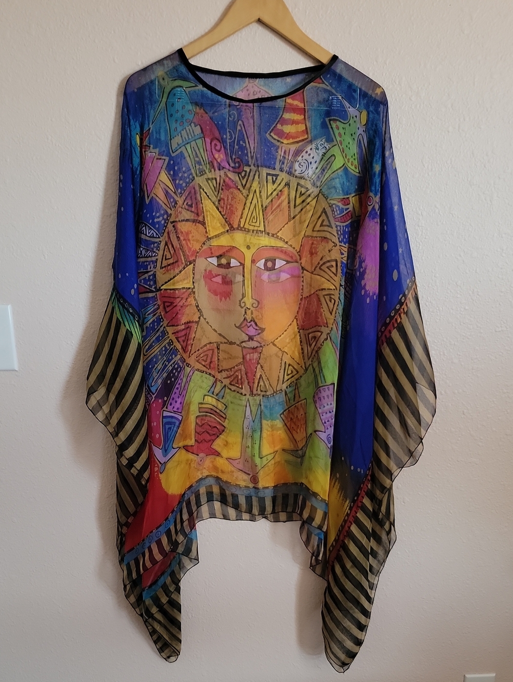 Multicolored sun graphic abstract patterns striped sleeves sheer Poncho Rainbow